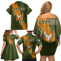 Cyprus Family Matching Off Shoulder Short Dress and Hawaiian Shirt with Green Orange Brushstroke Design and National Emblem - Wonder Print Shop