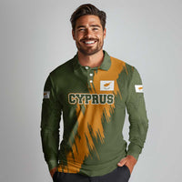 Cyprus Long Sleeve Polo Shirt with Green Orange Brushstroke Design and National Emblem - Wonder Print Shop