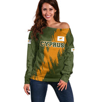 Cyprus Off Shoulder Sweater with Green Orange Brushstroke Design and National Emblem - Wonder Print Shop