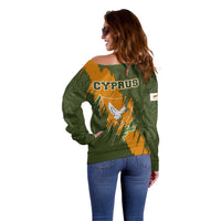 Cyprus Off Shoulder Sweater with Green Orange Brushstroke Design and National Emblem - Wonder Print Shop