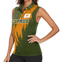 Cyprus Women Sleeveless Polo Shirt with Green Orange Brushstroke Design and National Emblem - Wonder Print Shop