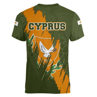 Cyprus Women V-Neck T-Shirt with Green Orange Brushstroke Design and National Emblem - Wonder Print Shop