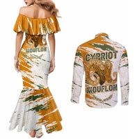 Cyprus Couples Matching Mermaid Dress and Long Sleeve Button Shirt with Mouflon Illustration Design and National Laurel - Wonder Print Shop