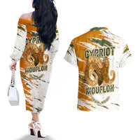 Cyprus Couples Matching Off The Shoulder Long Sleeve Dress and Hawaiian Shirt with Mouflon Illustration Design and National Laurel - Wonder Print Shop