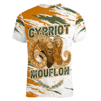 Cyprus Women V-Neck T-Shirt with Mouflon Illustration Design and National Laurel - Wonder Print Shop