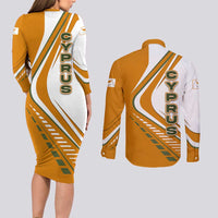 Cyprus Couples Matching Long Sleeve Bodycon Dress and Long Sleeve Button Shirt with Orange White Abstract Streak Design and Flag Emblem - Wonder Print Shop