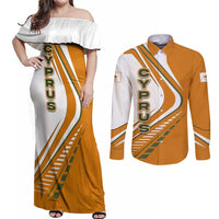 Cyprus Couples Matching Off Shoulder Maxi Dress and Long Sleeve Button Shirt with Orange White Abstract Streak Design and Flag Emblem - Wonder Print Shop