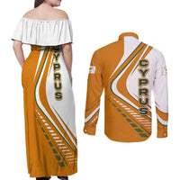 Cyprus Couples Matching Off Shoulder Maxi Dress and Long Sleeve Button Shirt with Orange White Abstract Streak Design and Flag Emblem - Wonder Print Shop
