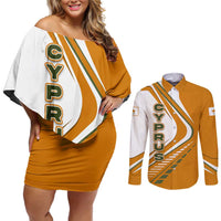 Cyprus Couples Matching Off Shoulder Short Dress and Long Sleeve Button Shirt with Orange White Abstract Streak Design and Flag Emblem - Wonder Print Shop