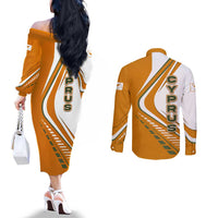 Cyprus Couples Matching Off The Shoulder Long Sleeve Dress and Long Sleeve Button Shirt with Orange White Abstract Streak Design and Flag Emblem - Wonder Print Shop