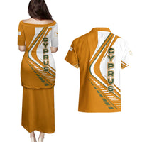 Cyprus Couples Matching Puletasi and Hawaiian Shirt with Orange White Abstract Streak Design and Flag Emblem - Wonder Print Shop