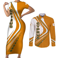 Cyprus Couples Matching Short Sleeve Bodycon Dress and Long Sleeve Button Shirt with Orange White Abstract Streak Design and Flag Emblem - Wonder Print Shop