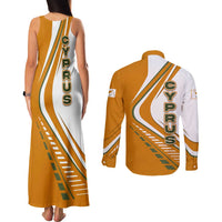 Cyprus Couples Matching Tank Maxi Dress and Long Sleeve Button Shirt with Orange White Abstract Streak Design and Flag Emblem - Wonder Print Shop