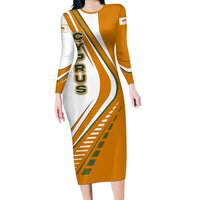 Cyprus Long Sleeve Bodycon Dress with Orange White Abstract Streak Design and Flag Emblem - Wonder Print Shop