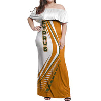 Cyprus Off Shoulder Maxi Dress with Orange White Abstract Streak Design and Flag Emblem - Wonder Print Shop