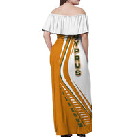 Cyprus Off Shoulder Maxi Dress with Orange White Abstract Streak Design and Flag Emblem - Wonder Print Shop