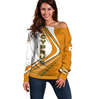 Cyprus Off Shoulder Sweater with Orange White Abstract Streak Design and Flag Emblem - Wonder Print Shop