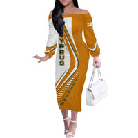 Cyprus Off The Shoulder Long Sleeve Dress with Orange White Abstract Streak Design and Flag Emblem - Wonder Print Shop