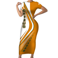 Cyprus Short Sleeve Bodycon Dress with Orange White Abstract Streak Design and Flag Emblem - Wonder Print Shop