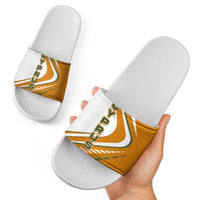 Cyprus Slide Sandals with Orange White Abstract Streak Design and Flag Emblem - Wonder Print Shop