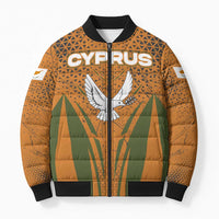 Cyprus Bomber Puffer Jacket with Orange Green Grunge Design and Peace Dove Emblem - Wonder Print Shop
