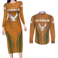 Cyprus Couples Matching Long Sleeve Bodycon Dress and Long Sleeve Button Shirt with Orange Green Grunge Design and Peace Dove Emblem - Wonder Print Shop