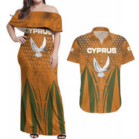 Cyprus Couples Matching Off Shoulder Maxi Dress and Hawaiian Shirt with Orange Green Grunge Design and Peace Dove Emblem - Wonder Print Shop