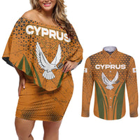 Cyprus Couples Matching Off Shoulder Short Dress and Long Sleeve Button Shirt with Orange Green Grunge Design and Peace Dove Emblem - Wonder Print Shop