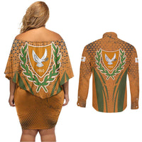 Cyprus Couples Matching Off Shoulder Short Dress and Long Sleeve Button Shirt with Orange Green Grunge Design and Peace Dove Emblem - Wonder Print Shop