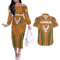 Cyprus Couples Matching Off The Shoulder Long Sleeve Dress and Hawaiian Shirt with Orange Green Grunge Design and Peace Dove Emblem - Wonder Print Shop