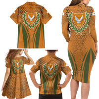 Cyprus Family Matching Long Sleeve Bodycon Dress and Hawaiian Shirt with Orange Green Grunge Design and Peace Dove Emblem - Wonder Print Shop
