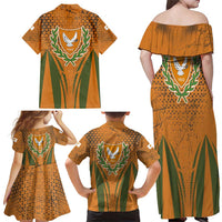 Cyprus Family Matching Off Shoulder Maxi Dress and Hawaiian Shirt with Orange Green Grunge Design and Peace Dove Emblem - Wonder Print Shop