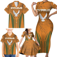 Cyprus Family Matching Short Sleeve Bodycon Dress and Hawaiian Shirt with Orange Green Grunge Design and Peace Dove Emblem - Wonder Print Shop