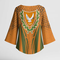Cyprus Kimono Sleeve Blouse with Orange Green Grunge Design and Peace Dove Emblem - Wonder Print Shop