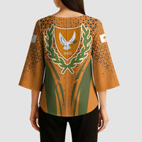 Cyprus Kimono Sleeve Blouse with Orange Green Grunge Design and Peace Dove Emblem - Wonder Print Shop