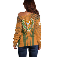 Cyprus Off Shoulder Sweater with Orange Green Grunge Design and Peace Dove Emblem - Wonder Print Shop
