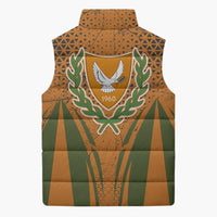 Cyprus Sleeveless Puffer Jacket with Orange Green Grunge Design and Peace Dove Emblem - Wonder Print Shop