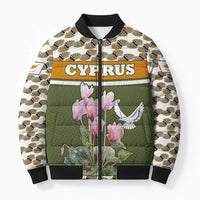 Cyprus Bomber Puffer Jacket with Cyclamen Flower Illustration Design and National Emblem - Wonder Print Shop