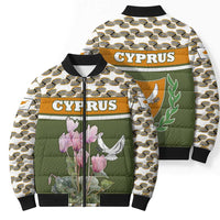 Cyprus Bomber Puffer Jacket with Cyclamen Flower Illustration Design and National Emblem - Wonder Print Shop