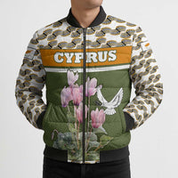 Cyprus Bomber Puffer Jacket with Cyclamen Flower Illustration Design and National Emblem - Wonder Print Shop