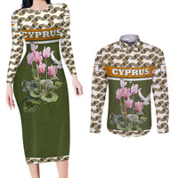 Cyprus Couples Matching Long Sleeve Bodycon Dress and Long Sleeve Button Shirt with Cyclamen Flower Illustration Design and National Emblem - Wonder Print Shop