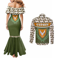 Cyprus Couples Matching Mermaid Dress and Long Sleeve Button Shirt with Cyclamen Flower Illustration Design and National Emblem - Wonder Print Shop