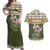 Cyprus Couples Matching Off Shoulder Maxi Dress and Hawaiian Shirt with Cyclamen Flower Illustration Design and National Emblem - Wonder Print Shop