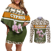 Cyprus Couples Matching Off Shoulder Short Dress and Long Sleeve Button Shirt with Cyclamen Flower Illustration Design and National Emblem - Wonder Print Shop