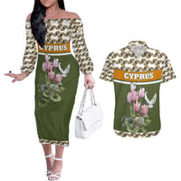 Cyprus Couples Matching Off The Shoulder Long Sleeve Dress and Hawaiian Shirt with Cyclamen Flower Illustration Design and National Emblem - Wonder Print Shop