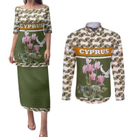 Cyprus Couples Matching Puletasi and Long Sleeve Button Shirt with Cyclamen Flower Illustration Design and National Emblem - Wonder Print Shop