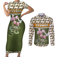 Cyprus Couples Matching Short Sleeve Bodycon Dress and Long Sleeve Button Shirt with Cyclamen Flower Illustration Design and National Emblem - Wonder Print Shop
