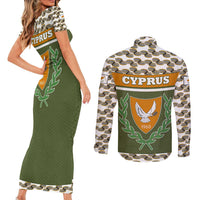 Cyprus Couples Matching Short Sleeve Bodycon Dress and Long Sleeve Button Shirt with Cyclamen Flower Illustration Design and National Emblem - Wonder Print Shop