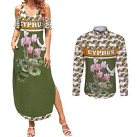 Cyprus Couples Matching Summer Maxi Dress and Long Sleeve Button Shirt with Cyclamen Flower Illustration Design and National Emblem - Wonder Print Shop