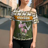 Cyprus Cross Shoulder Shirt with Cyclamen Flower Illustration Design and National Emblem - Wonder Print Shop